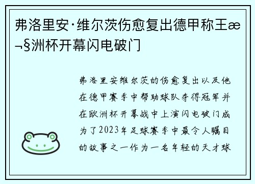 弗洛里安·维尔茨伤愈复出德甲称王欧洲杯开幕闪电破门